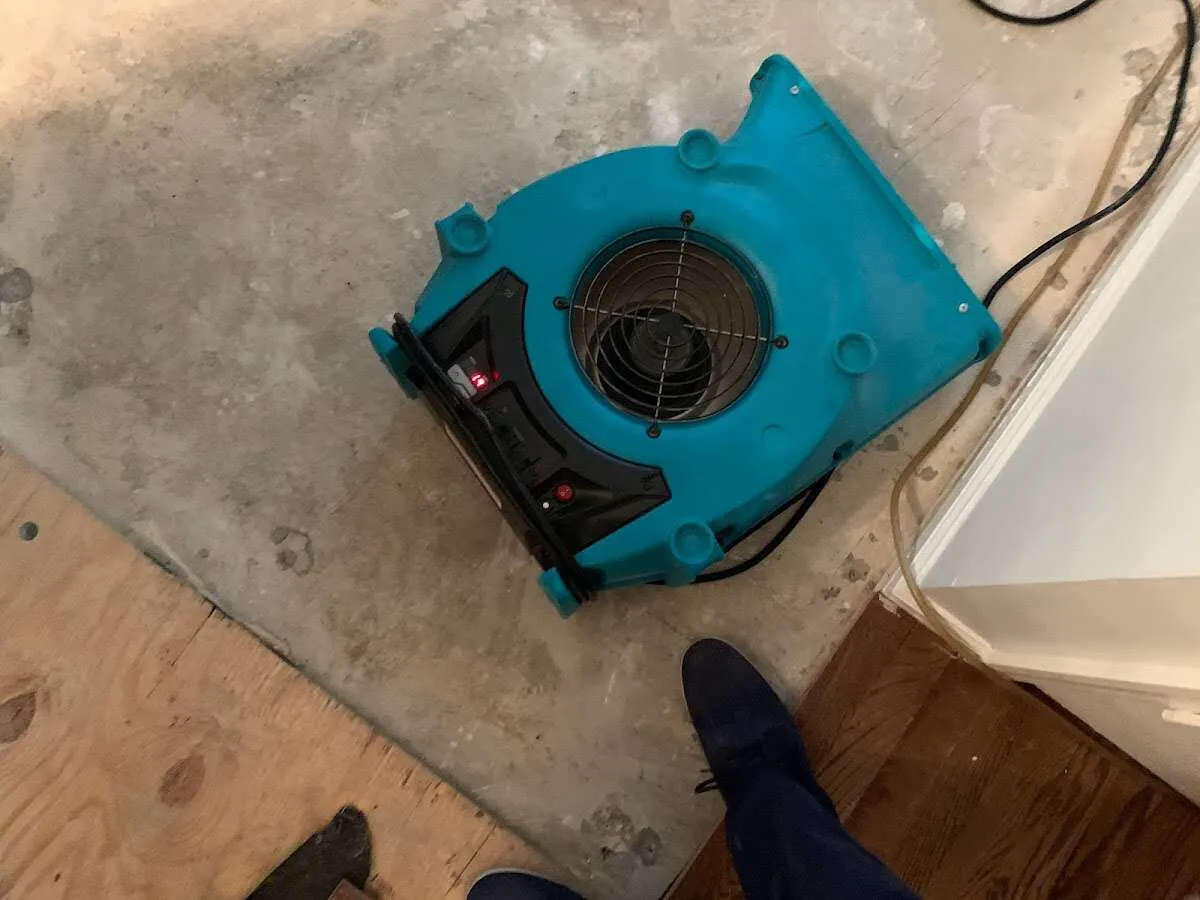 Air mover drying subfloor during Leak Detection & Repair in Jonesboro